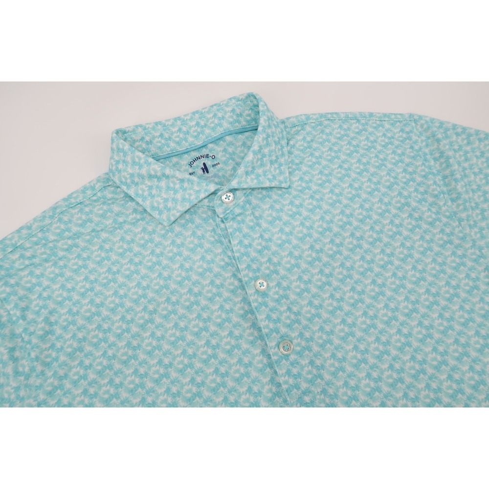 Johnnie-O Tamar Polo Mens Small Caicos Blue Palm Tree Print UPF 50 Stretch Shirt